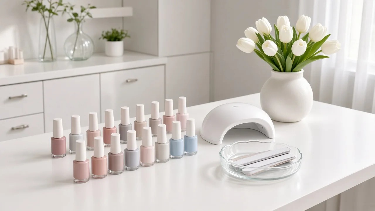 A white manicure table with rows of gel polish bottles in blush, nude and soft blue, a small UV lamp, nail files and white tulips